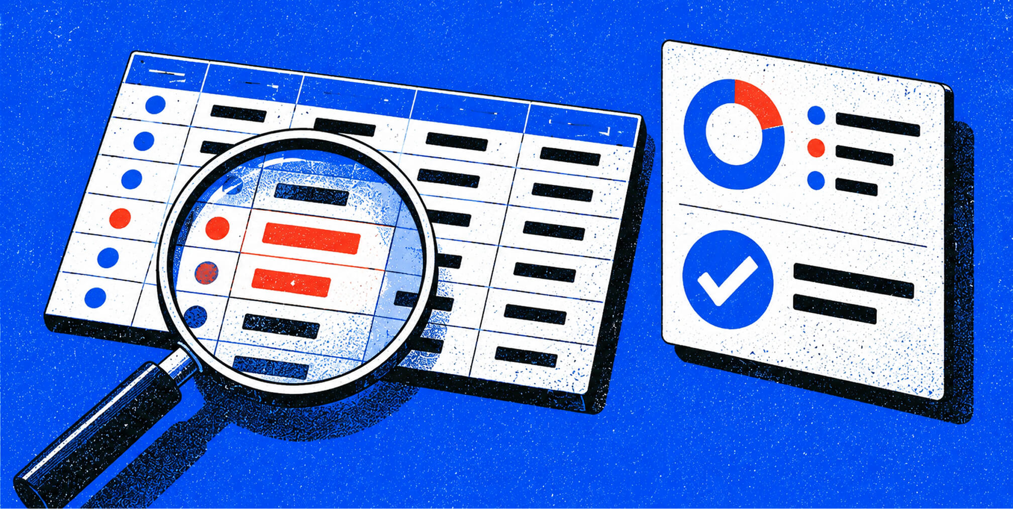 UTM audit illustration showing a magnifying glass reviewing campaign tracking data alongside analytics and validation results.