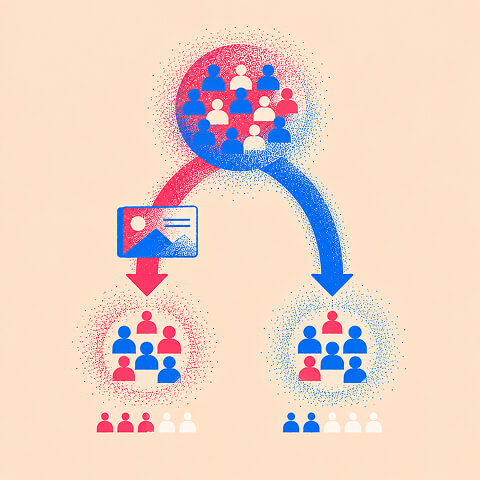 Audience split into test and control groups, with one group exposed to marketing creative for incrementality testing.