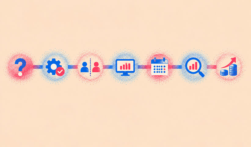 Step-by-step incrementality testing process moving from a business question through experiment setup, audience split, measurement, timing, analysis, and growth.