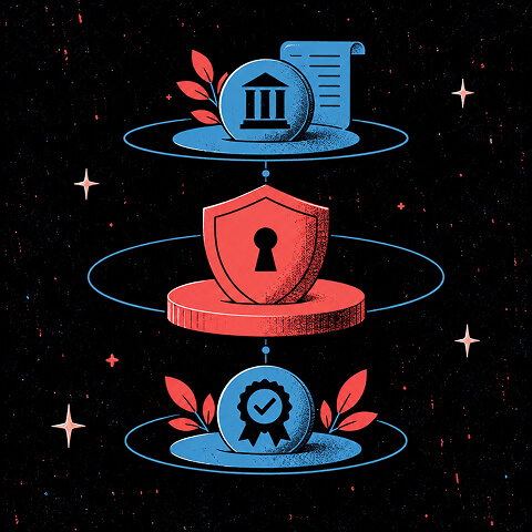 Layered privacy compliance framework showing regulation, data protection, and compliance certification within an enterprise governance system.