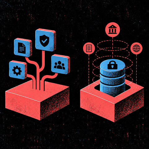 Privacy management illustration connecting organizational data and processes with secure data storage, regulatory requirements, and global compliance.