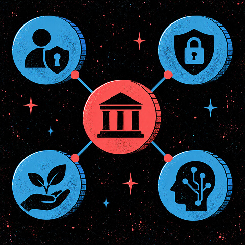Enterprise privacy governance ecosystem connecting a central regulatory institution with data privacy, security, sustainability, and AI governance.