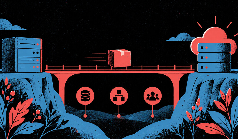 Data migration illustration showing information moving securely between on-premise infrastructure and cloud systems across an integration bridge.