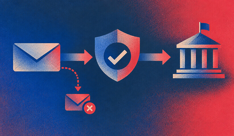 Business communications are checked against the official company domain before being trusted.