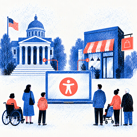 Diverse users accessing a website between a government building and online business, illustrating ADA website accessibility for public and commercial services.