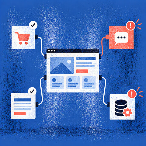 Website connected to compliant forms and ecommerce features alongside flagged communication and database issues requiring accessibility improvements.