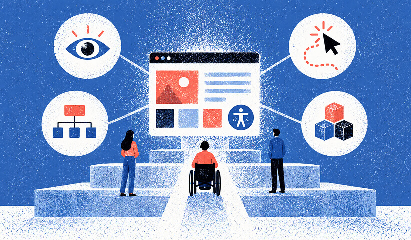 Accessible website surrounded by icons for visual perception, navigation, site structure, and content organization, with users evaluating the experience.