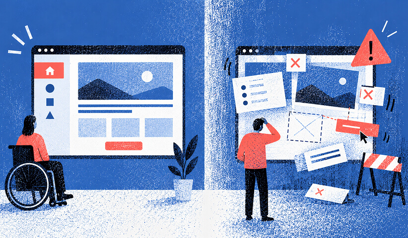 Comparison of an accessible, organized website experience with a cluttered interface containing errors and usability barriers.