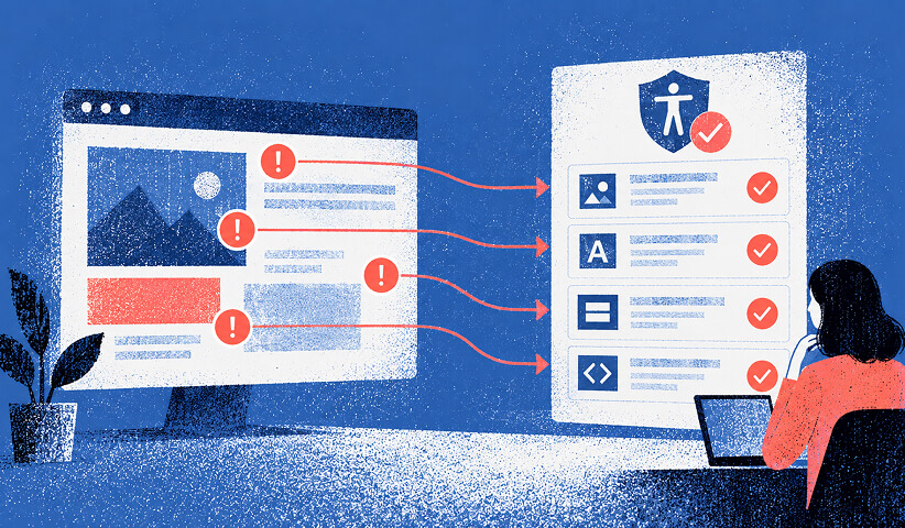 Website accessibility remediation process identifying issues across images, text, interface elements, and code before confirming compliance fixes.