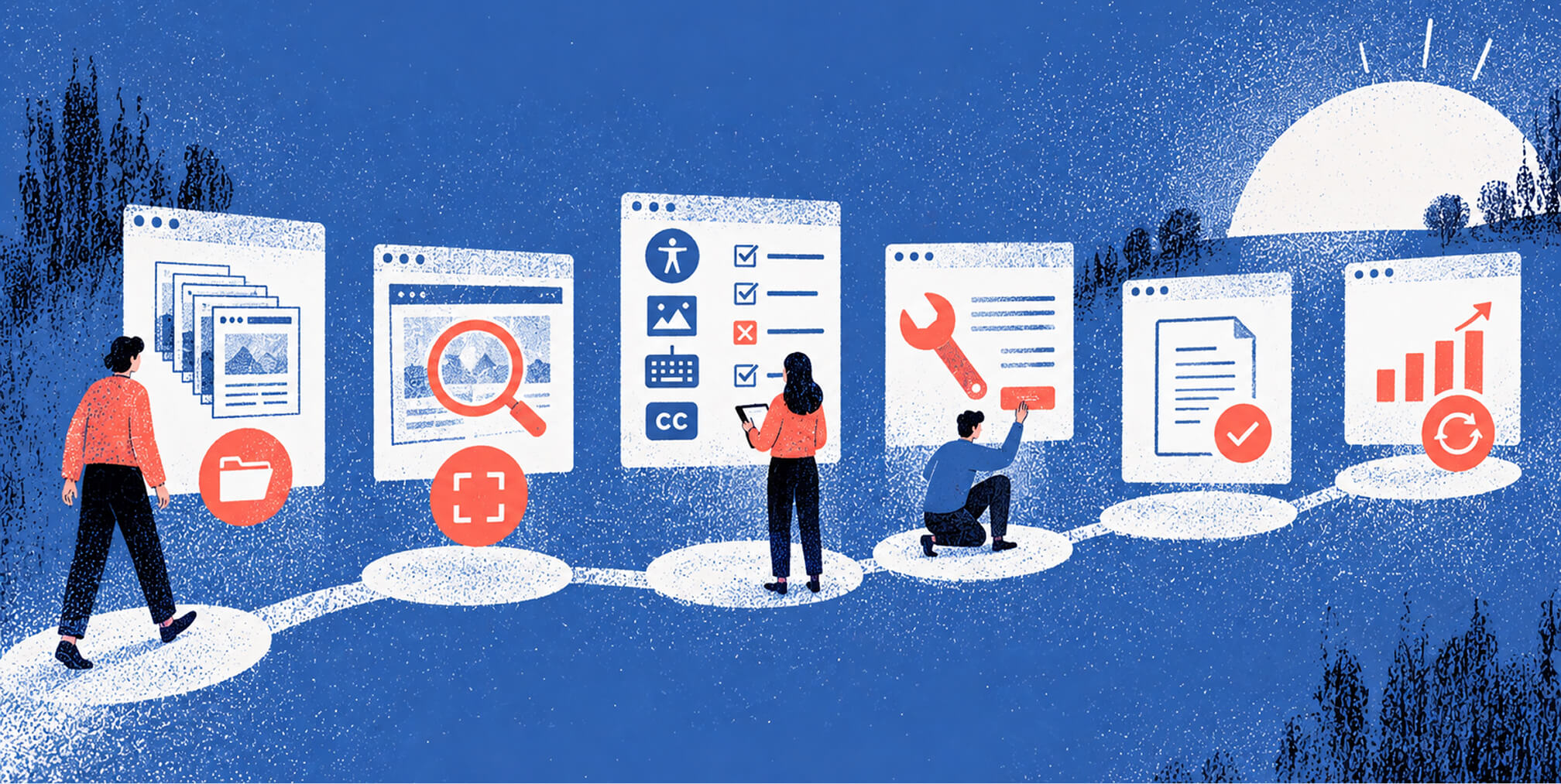 Step-by-step ADA website accessibility workflow covering content inventory, auditing, accessibility testing, remediation, documentation, and ongoing monitoring.