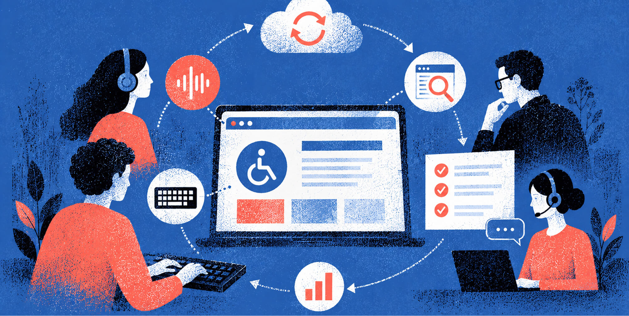 Team testing an accessible website with assistive technology, keyboard navigation, audio support, auditing tools, and ongoing accessibility monitoring.