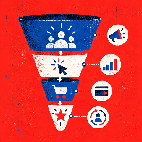 Marketing funnel illustrating the customer journey from audience awareness and engagement through conversion, purchase, and retention.
