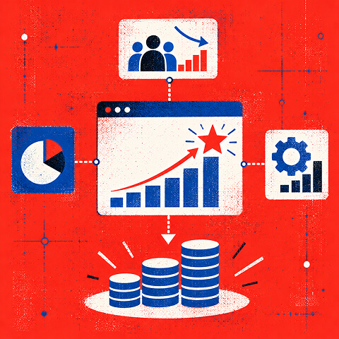 Marketing performance dashboard connecting audience, analytics, and optimization data to increasing revenue and business growth.
