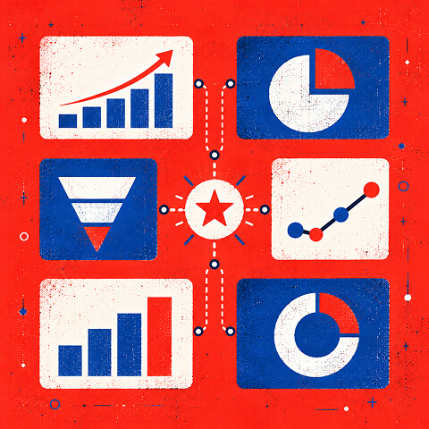 Marketing KPI overview featuring growth charts, funnel metrics, pie charts, and performance data connected to a central goal.