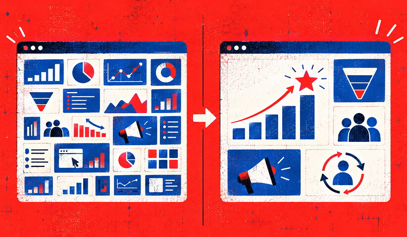 Comparison of a cluttered marketing dashboard with a simplified dashboard focused on essential growth, funnel, audience, and campaign metrics.