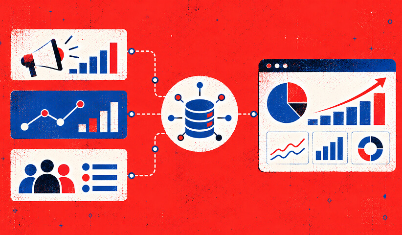 Marketing data sources for campaigns, performance, and audience insights feeding into a centralized analytics dashboard.