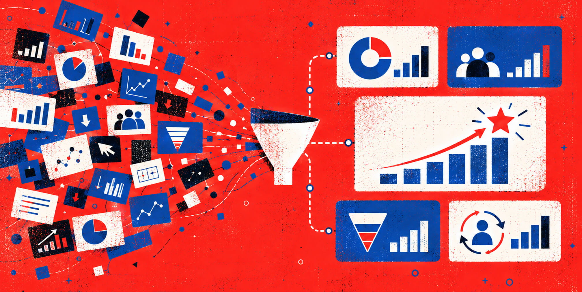 Marketing data visualization showing numerous analytics and campaign metrics filtered into focused dashboards for growth, audience, funnel, and retention insights.