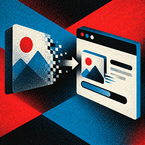 Image optimization illustration showing a large image file being compressed and transformed for faster website loading.