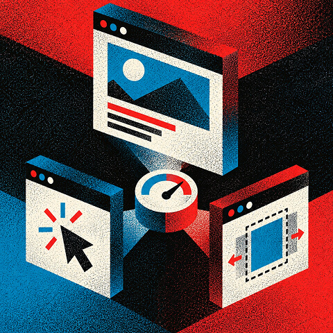 Website performance illustration showing page design, click interaction, and layout optimization connected to a speed gauge.