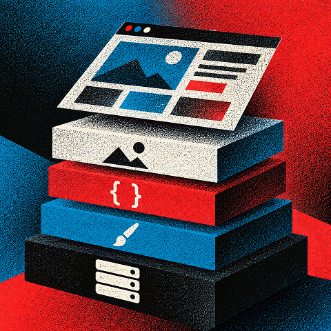 Website technology stack illustration with webpage design, code, styling, and server layers representing factors that affect site performance.