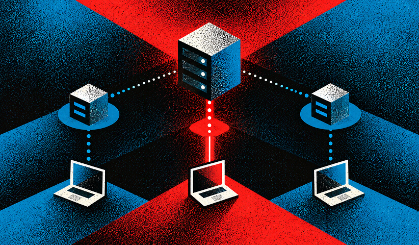Website hosting illustration showing multiple computers connected to distributed servers for faster content delivery.