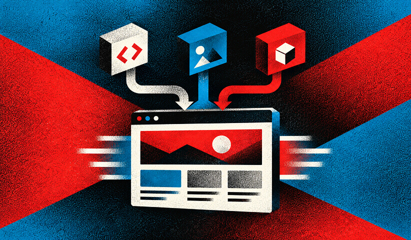 Website optimization illustration showing code, images, and digital assets feeding into a faster, streamlined webpage.