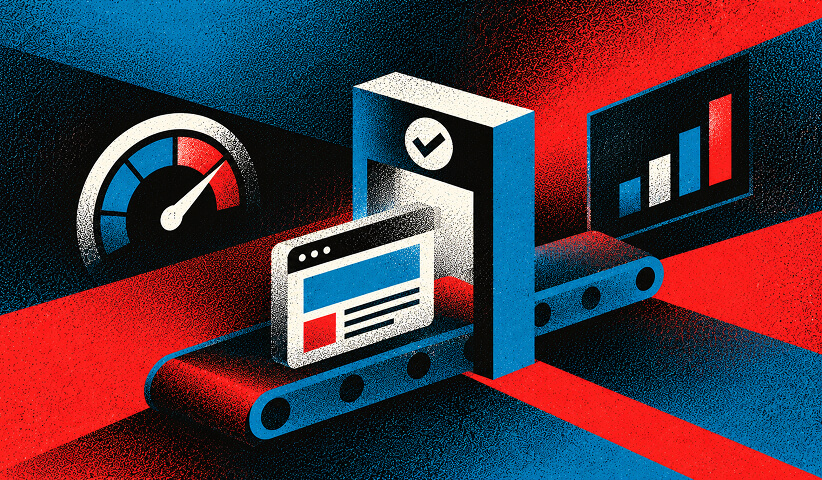 Website performance testing illustration showing a webpage passing through an optimization process with speed and analytics metrics.