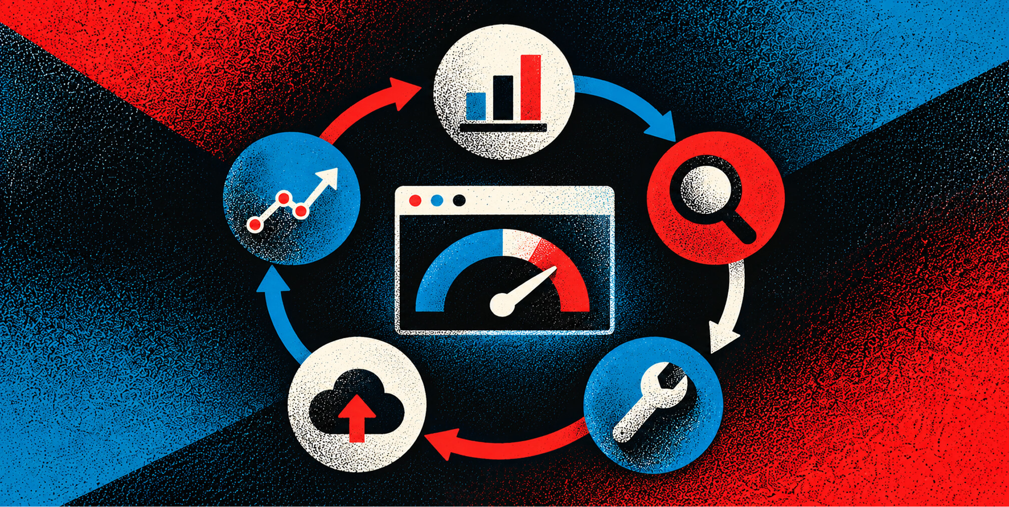 Continuous website speed optimization cycle featuring performance monitoring, analytics, testing, technical improvements, and deployment.