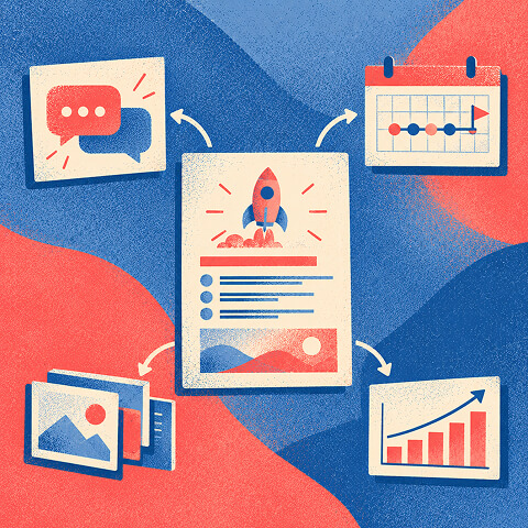 Product launch strategy illustration connecting a central launch plan to communication, scheduling, creative assets, and performance growth.