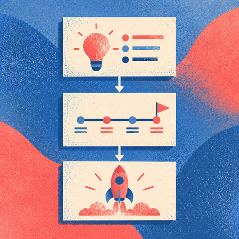 Product launch process illustration showing an idea progressing through a planned timeline before reaching the launch stage.