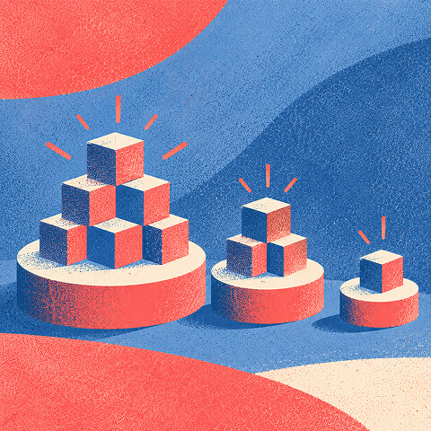 Three product development stages represented by stacked blocks of increasing complexity and scale.