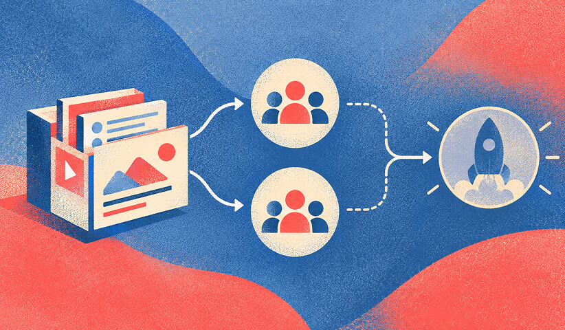 Product launch audience segmentation illustration showing marketing content reaching different customer groups before a coordinated launch.