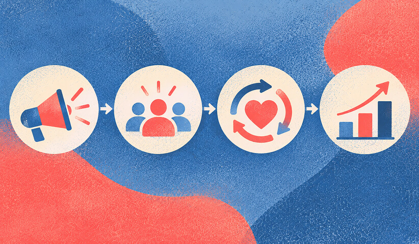 Product launch strategy illustration showing analytics, planning, ideas, and customer feedback converging into a focused launch campaign.