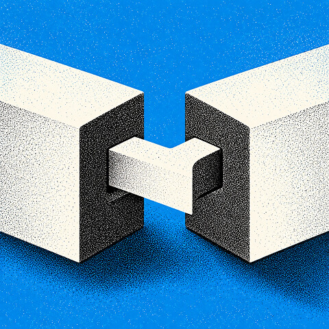 Two geometric blocks connecting through a central piece, representing the integration of brand strategy and performance marketing.