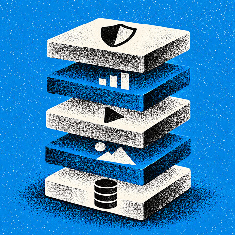 Stacked brand performance layers representing brand identity, analytics, digital content, visual assets, and customer data.
