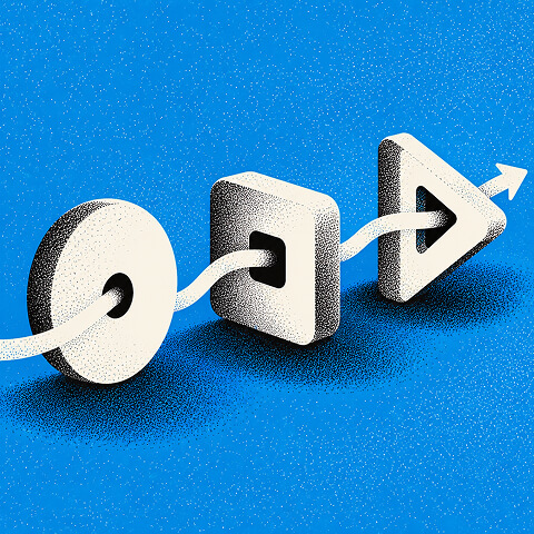 Connected geometric shapes forming a continuous path toward an upward arrow, representing a unified brand growth strategy.