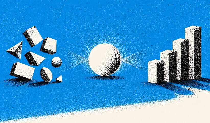 Abstract elements moving through a central point toward an ascending bar chart, representing brand inputs transformed into measurable growth.