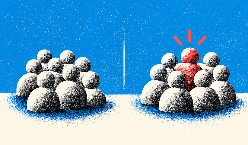 Audience comparison illustration highlighting a single customer within a group, representing targeted branding and audience differentiation.