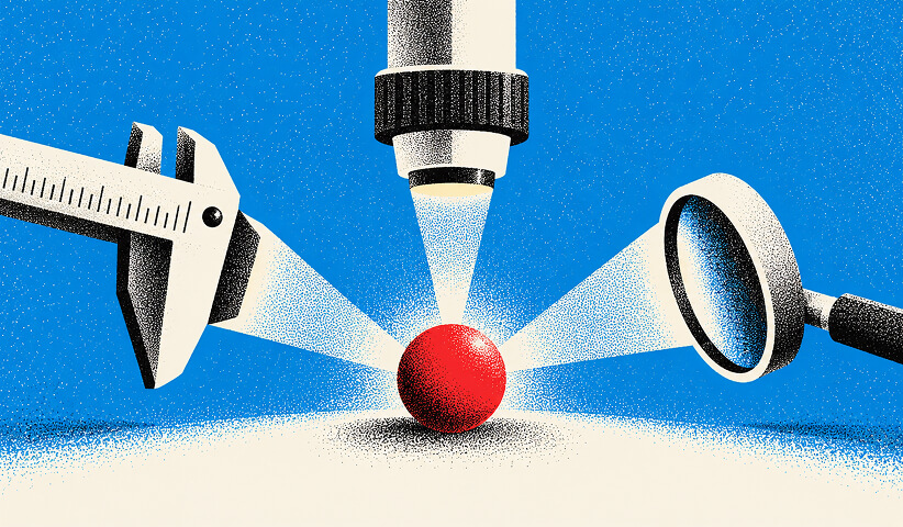 Performance measurement illustration showing a red focal point analyzed with precision tools and a magnifying glass.