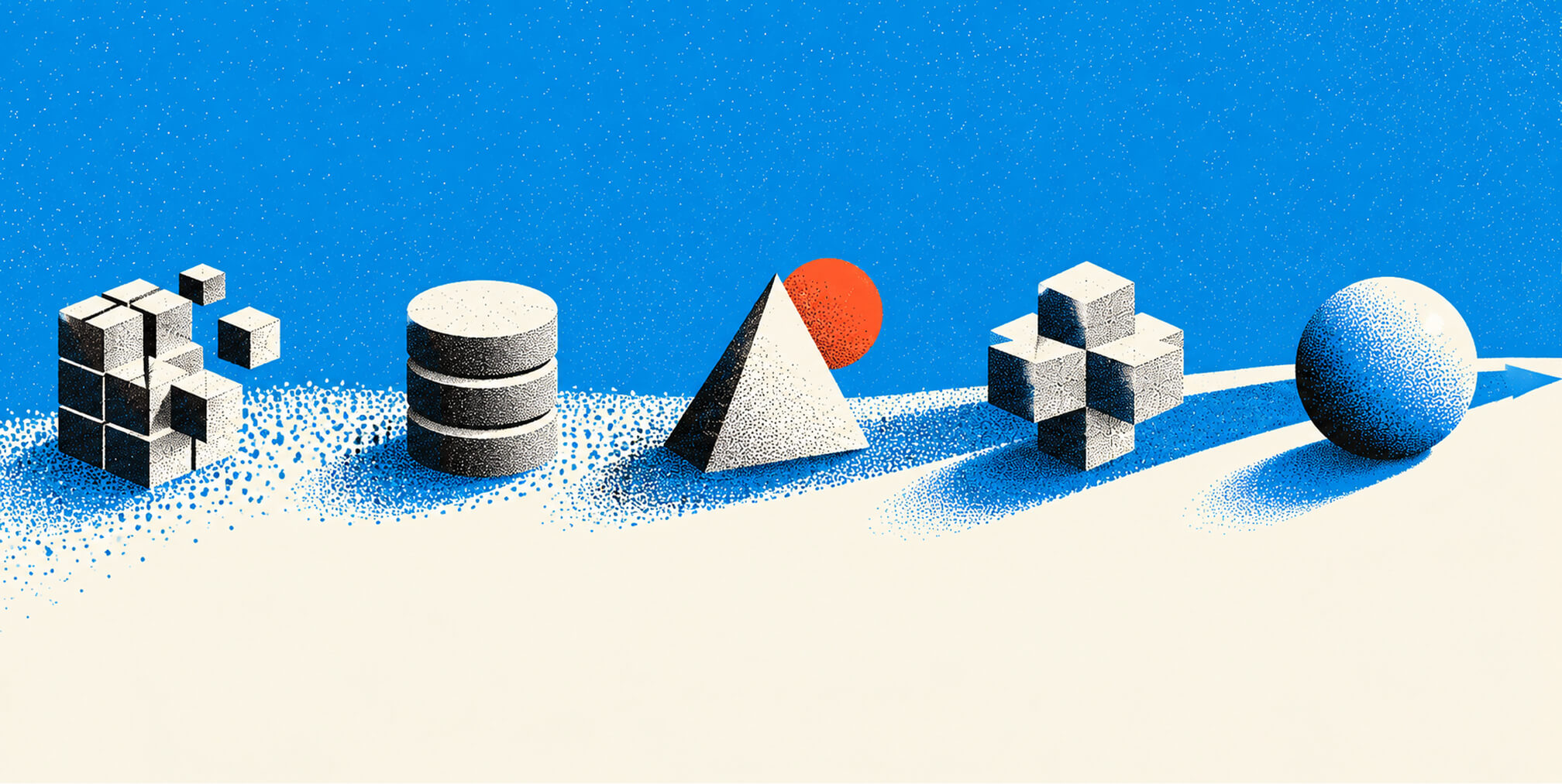 Geometric brand elements progressing along a continuous path toward a final sphere, representing the evolution of a performance-driven brand system.