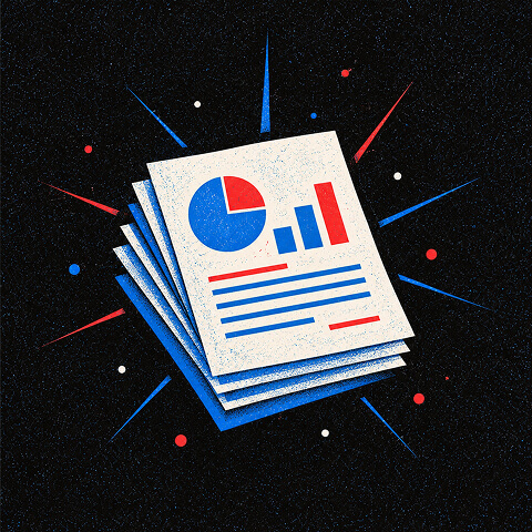 Stack of analytics reports featuring pie charts, bar graphs, and data insights, representing research-driven thought leadership.