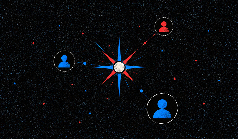 Network of audience profiles connected to a central compass, representing strategic direction and audience-focused thought leadership.