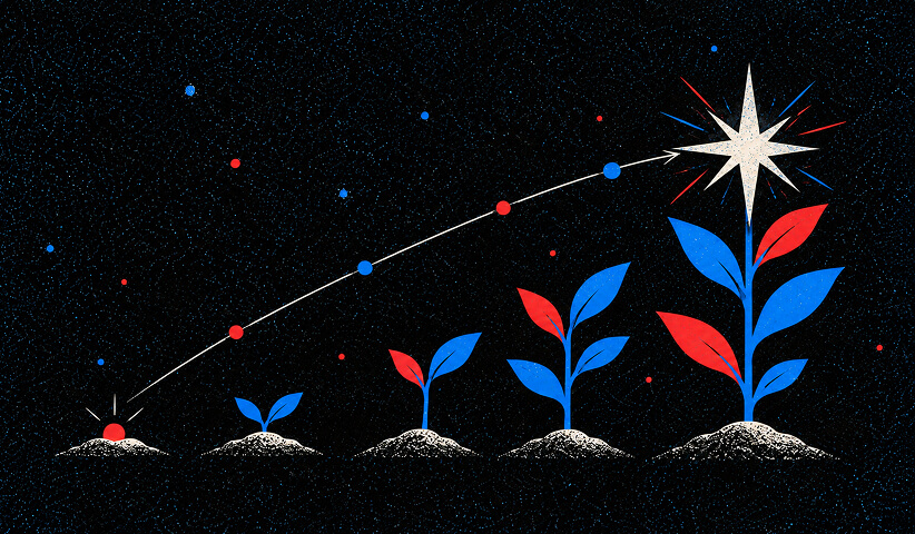 Progressive plant growth leading toward a bright star, representing the long-term development of authority and influence.