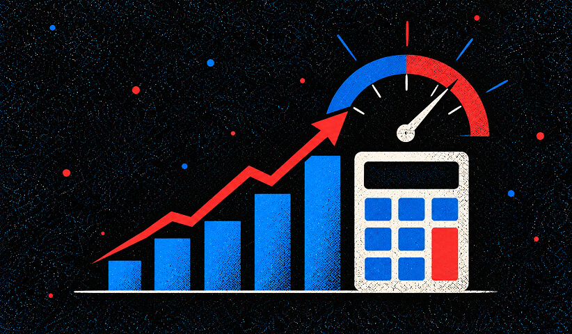 Rising performance chart, speed gauge, and calculator representing the measurement of thought leadership growth and business impact.