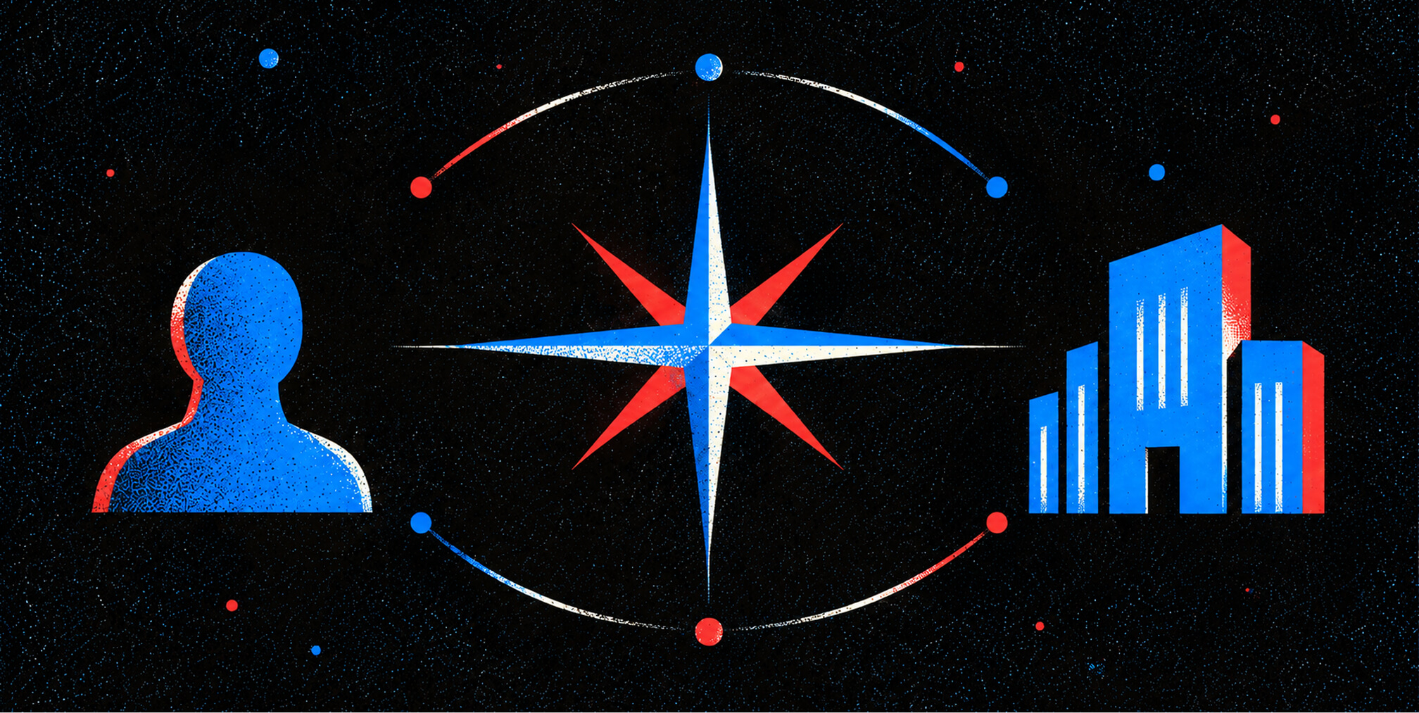 Individual and organization positioned on opposite sides of a central compass, representing alignment between personal expertise and company thought leadership.