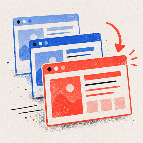 Layered website pages moving toward an optimized page, representing ongoing SaaS website and content optimization.