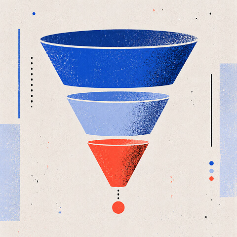Three-stage marketing funnel narrowing from a broad blue audience to a focused red conversion point, representing SaaS SEO lead generation.