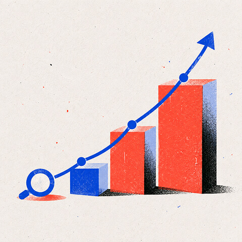 Rising bar chart with an upward growth curve, representing increasing organic traffic and SaaS SEO performance.