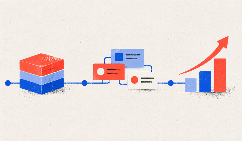 SaaS platform, content assets, and rising performance chart connected in a sequence, representing an SEO strategy designed for sustainable growth.