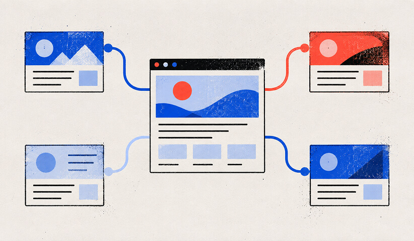 Central website connected to multiple supporting web pages, representing internal linking and a structured SaaS content ecosystem.